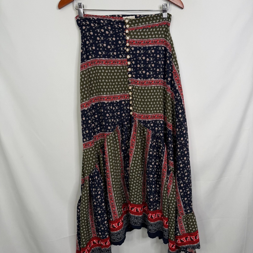 Vida Mia Patchwork Maxi Skirt Boho Floral Paisley Button Front Asymmetrical S - Picture 6 of 7